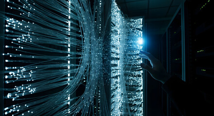 Server Room Data Flow with Holographic Hand