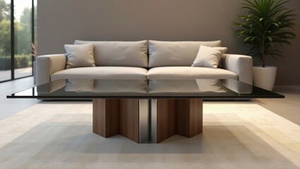 Modern glass coffee table in a living room setting.