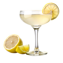 Pale yellow cocktail in coupe glass with lemon slice and wedges isolated on a transparent background