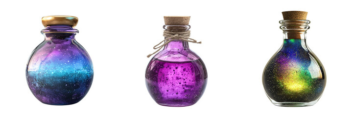 Set of different strange bottles with potions isolated on transparent background PNG