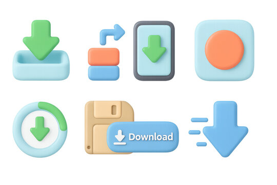 3d download icons set with cloud and arrow elements in pastel colors