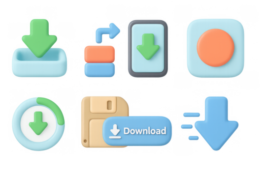 3d download icons set with cloud and arrow elements in pastel colors