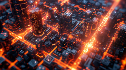 Cyberpunk Cityscape: Futuristic Metropolis Illuminated with Glowing Orange Circuits at Night
