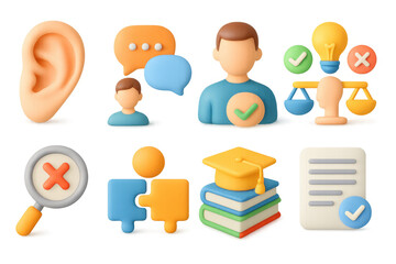 Colorful 3d icons of communication, problem solving, and learning concepts