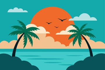 tropical beach sunset stylized