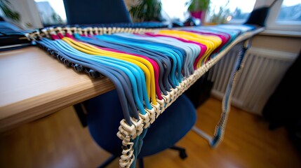 Colorful cables organized on office desk, home office background, network setup