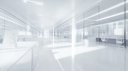 Empty modern office space with glass partitions.