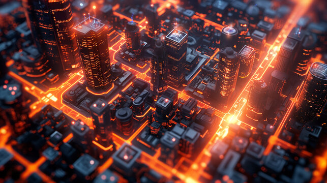Cyberpunk Cityscape: Futuristic Metropolis Illuminated with Glowing Orange Circuits at Night