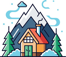 Fototapeta premium A cozy winter cabin with a smoking chimney nestled in a snowy mountain landscape, a peaceful alpine retreat vector illustration.