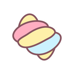 Cute marshmallow icon. Hand drawn illustration of a twisted sweets with colored stripes isolated on a white background. Kawaii sticker. Vector 10 EPS.