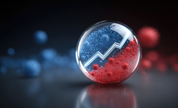 Transparent sphere with rising graph, red & blue viruses