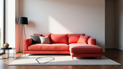 A coral sectional sofa in a modern living room.