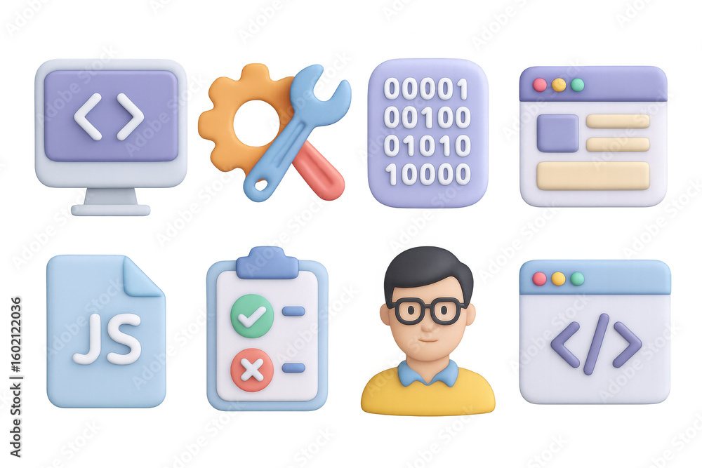 Poster cute 3d icons of web development tools and coding concepts
