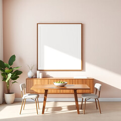 frame mockup for dining room wall art in pastel tones with mid-century modern style textured plaster wall above buffet 3d rendering landscape iso a2 interior design mockup digital art template decorat
