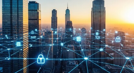 Modern urban skyline illuminated by futuristic digital network overlay featuring cybersecurity symbols and glowing connections
