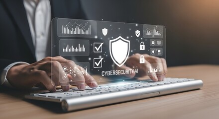 AI Cybersecurity Interface – Hands Typing with Digital Lock Symbols