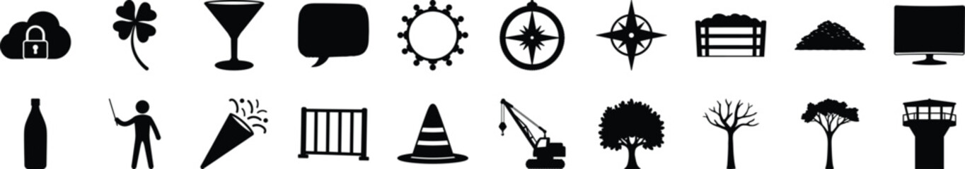 Minimal Silhouette Icon Pack – 20 Black Vector Icons on White Background - A versatile collection of 20 minimal black silhouette icons aligned horizontally on a white background. 