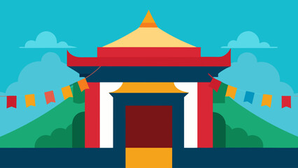 Sky view temple entrance draped with prayer flags