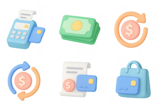 3d cartoon style payment icons featuring calculator, cash, receipt, credit card, and shopping bag