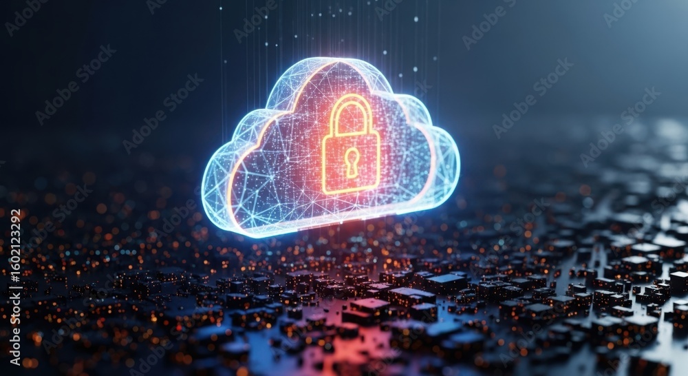 Poster illuminated digital cloud icon featuring a glowing padlock symbol representing secure data storage a