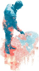 A man is standing on a red and blue background
