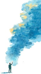 A man is pointing at a blue and yellow cloud