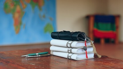 Journals, pen, classroom, world map, education