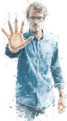 A man in a blue shirt is holding up his hand to stop something