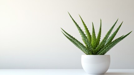 Green Aloe Vera Plant in Modern White Pot on Minimalist Background