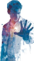 A man in a white lab coat is holding up his hand to block a heart