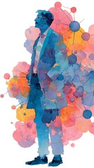 A man in a blue coat stands in front of a colorful painting