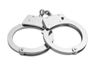 Open Silver Handcuffs Angled Diagonally with Chain Slack, Isolated on White