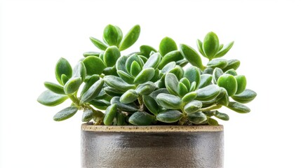 Green succulent plant in modern pot against bright background