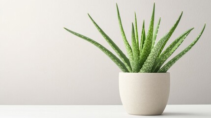 Green Aloe Vera Plant in Modern White Pot on Clean Surface