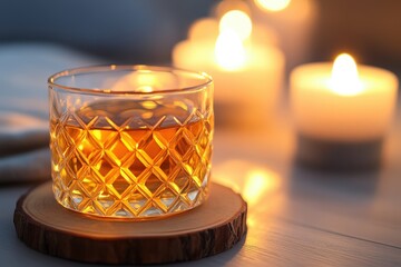 A glass of amber liquid sits on a wooden coaster, illuminated by candles.
