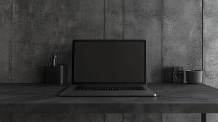 A dark gray laptop sits center on a similarly hued metal desk against a textured concrete wall.  Small, dark objects flank it.  The scene is minimalist and moody