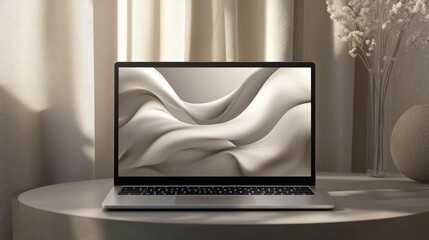 A sleek, silver laptop sits on a minimalist round table, showcasing an abstract, flowing, off-white wallpaper on its screen. 