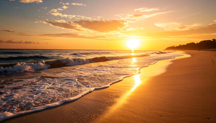 Sunset Beach Ocean Waves with Golden Hour.