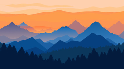 Fototapeta premium Layered Mountain Silhouette at Sunset with Pine Forest - Vector Landscape Illustration