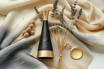 Luxury Black-And-Gold Perfume Bottle, Resting Diagonally On A Folded Silk Scarf With Beige And Grey Tones. Dried Lavender Sprigs And A Gold Pendant Necklace Are Carefully Placed Nearby 