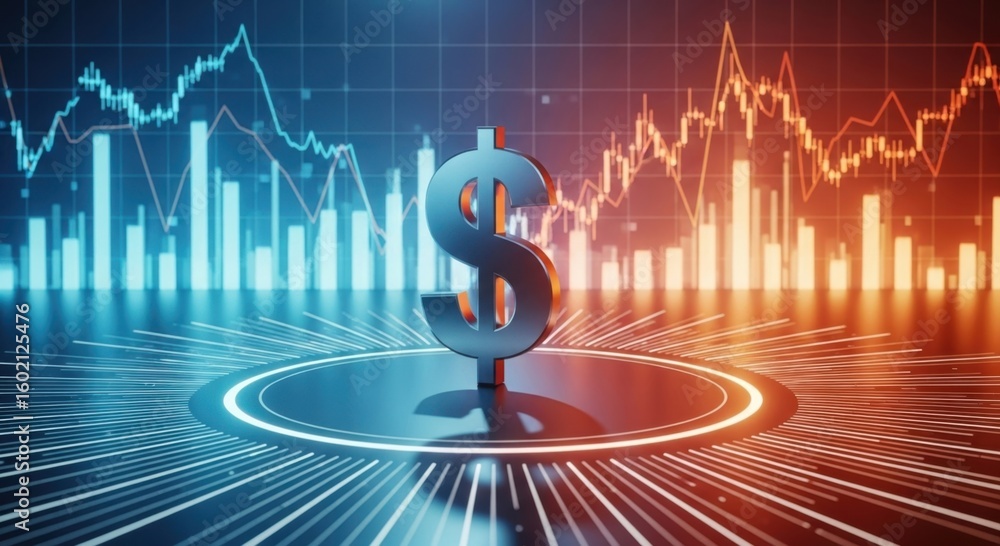Poster dynamic financial market visualization showcasing dollar symbol amidst fluctuating stock charts and 