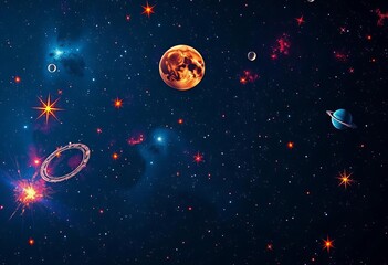 Fototapeta premium Vibrant stars and planets on a dark, textured cosmic canvas, wallpaper, background