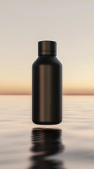 Chic black bottle floating on tranquil waves