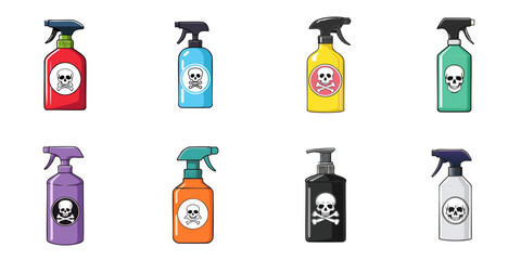 Multiple vector illustrations of spray bottles with printed pictures of skull and crossbones, Insecticides, disinfectants, detergents, house cleaning, pest control

