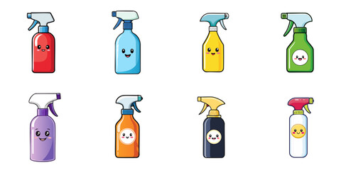 Multiple vector illustrations of spray bottles with faces