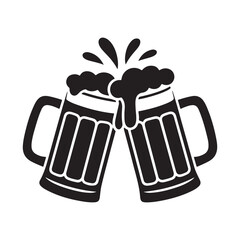 Two beer mugs clinking with foam in black silhouette