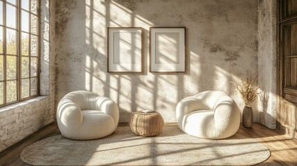 Sunlit industrial loft interior with two cream armchairs, a low round table, and framed artwork on a textured wall, accented by a jute rug and dried floral arrangement