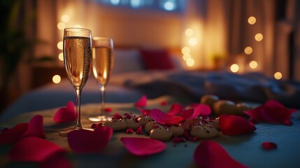 Romantic champagne glasses rose petals on bed for valentine's day anniversary celebration date night 100 silhouette