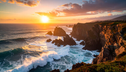 Sunset Coastline Dramatic Waves.