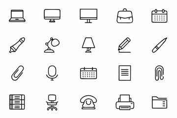 A sleek and professional collection of single-line icons capturing essential office and business items. Ideal for corporate decks, infographics, and print planners